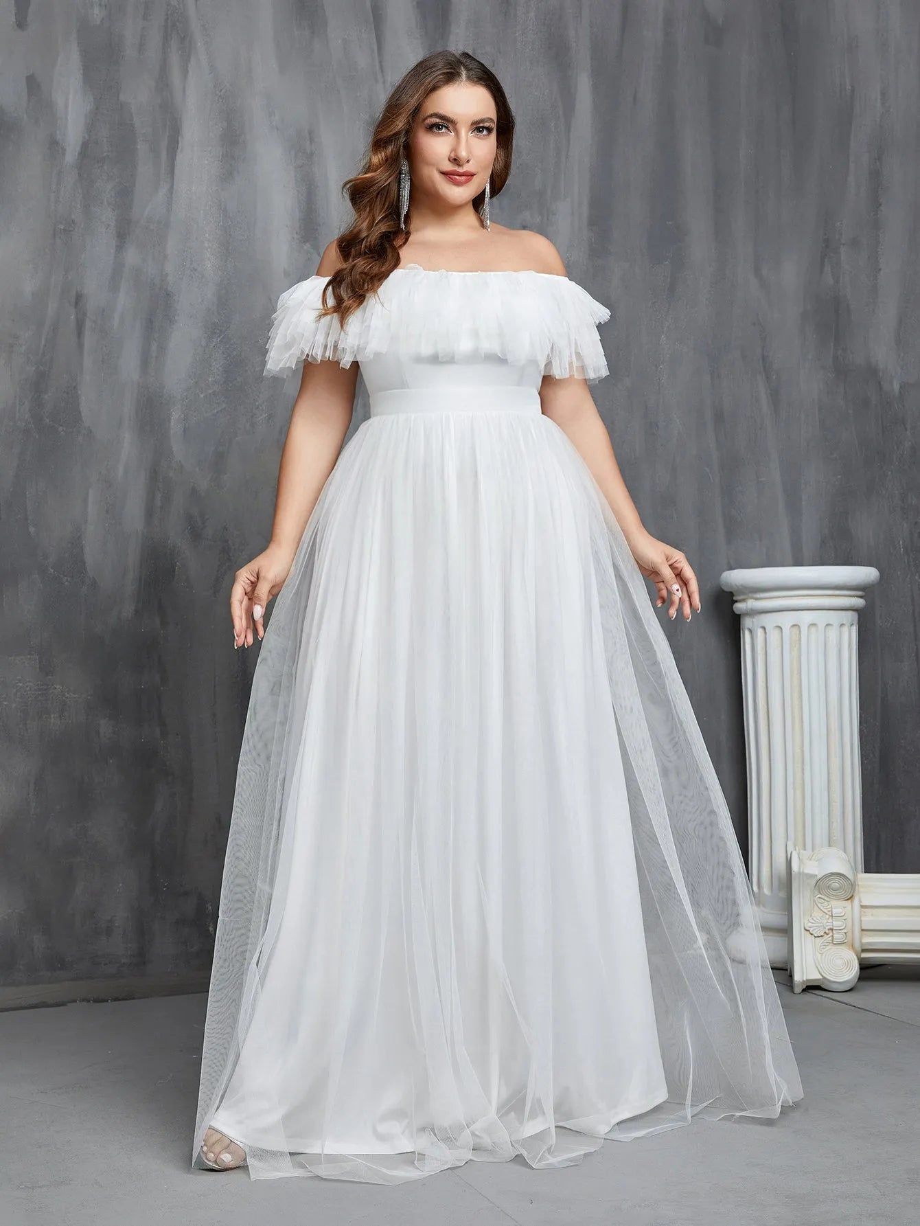 Plus Elegant Ruffle Trim Off Shoulder Tulle Wedding Dress