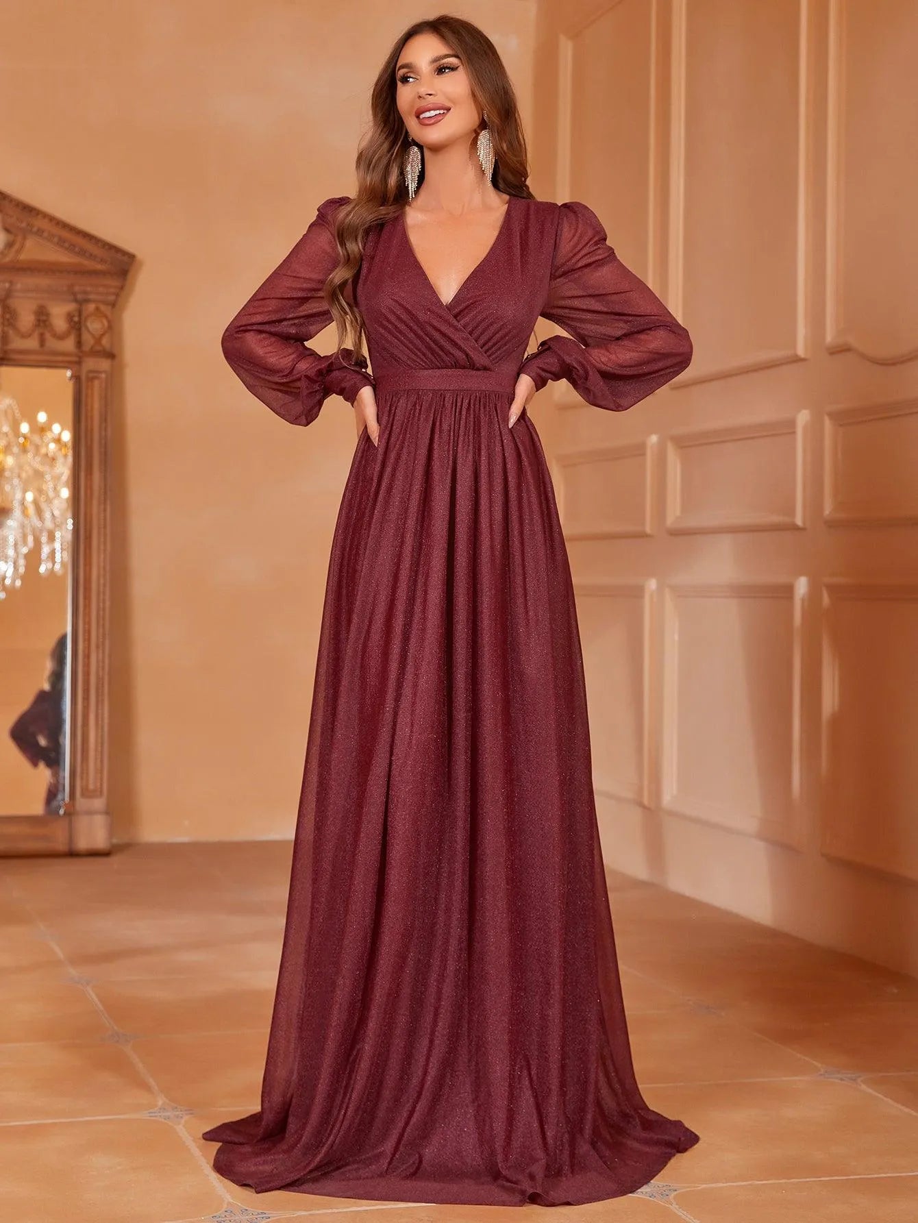 Elegant V Neck Lantern Sleeves Maxi A Line Dress - Elonnashop