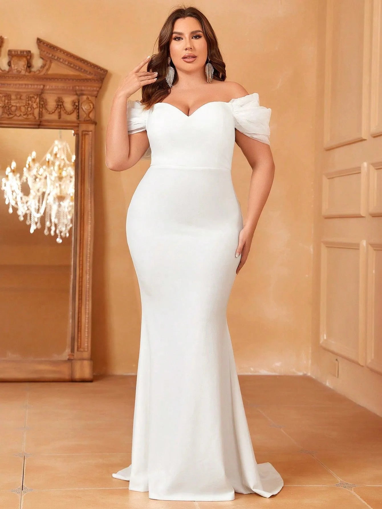 Plus Off Shoulder Mermaid Hem Wedding Dress - Elonnashop