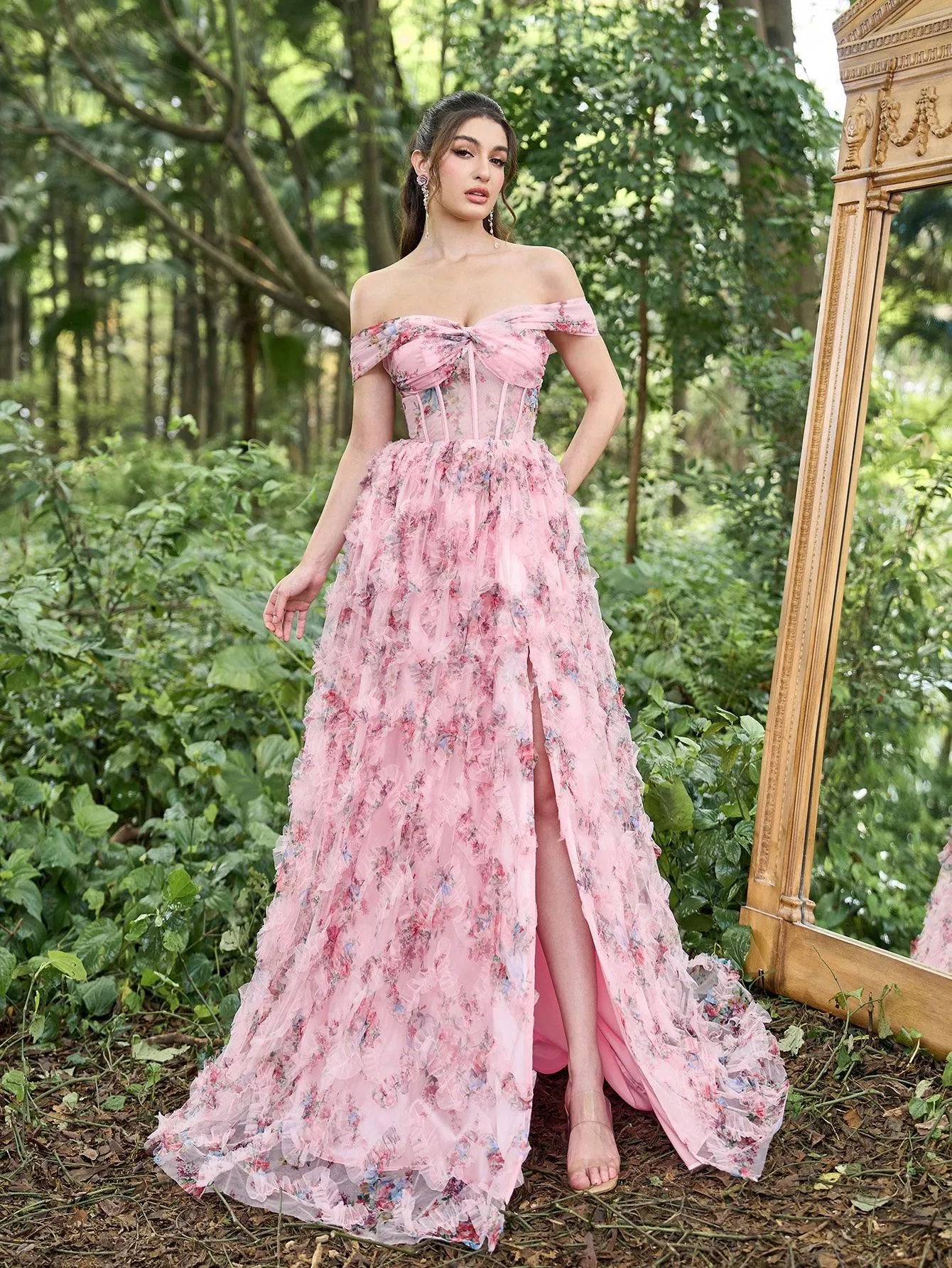 Elegant Off Shoulder Cascading Ruffle Floral Tulle Split Prom Dress - Elonnashop