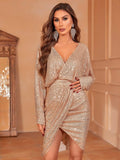 Surplice Neck Dolman Sleeves Sequin Party Dress - Elonnashop