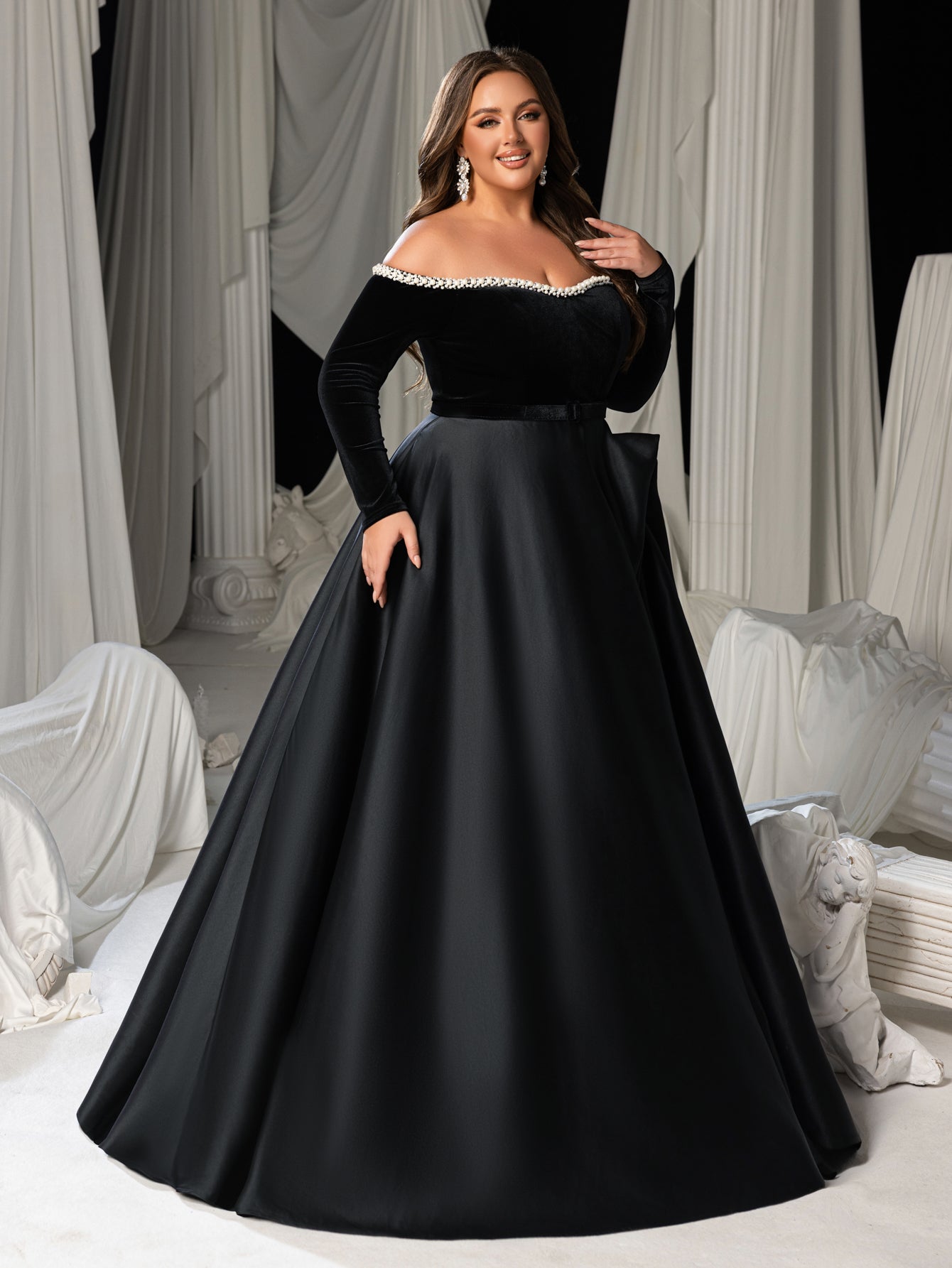 Plus Women's Pearl Accented Off-The-Shoulder Formal Gown | Long Sleeves | Defined Waist Belt | Full Flared Skirt