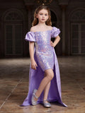 Tween Girls' Off Shoulder Puff Sleeves Satin Overlay Sequin Party Dress - Elonnashop