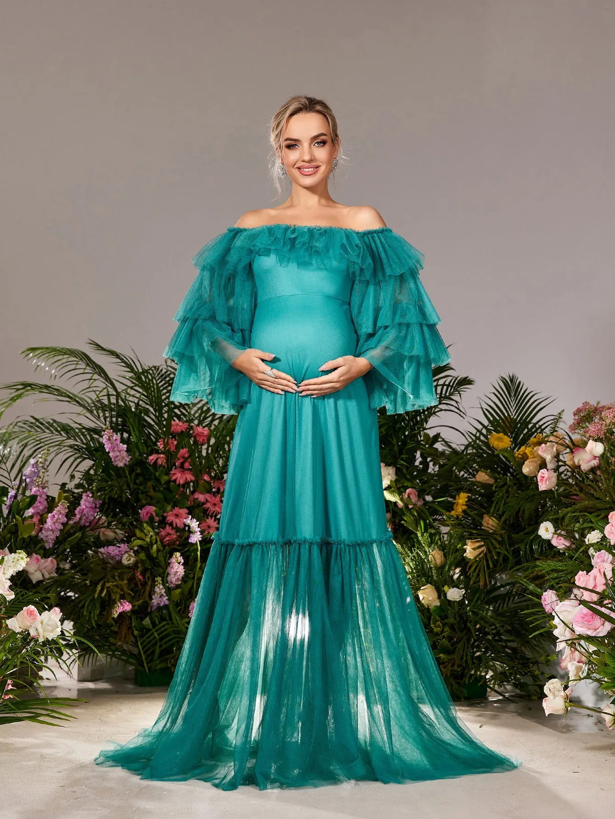 Maternity Off Shoulder Layered Sleeves Tulle Evening Dress