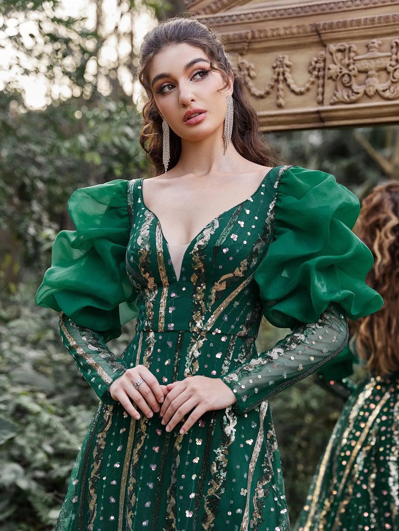 Luxury Plunging Neck Backless Gigot Sleeves Maxi Prom Dress - Elonnashop