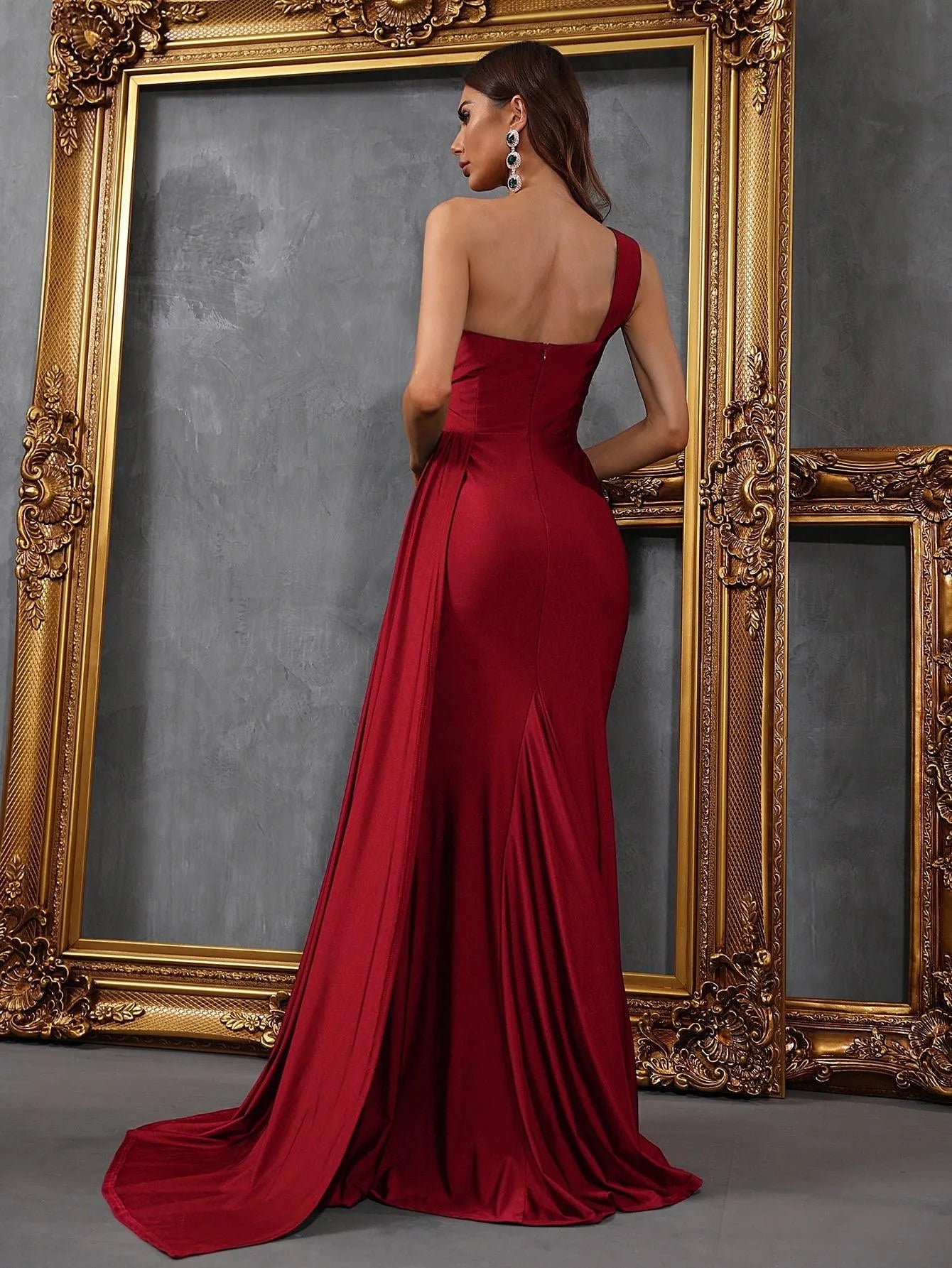 One Shoulder Draped Side Split Thigh Formal Dress - Elonnashop