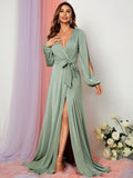 Elegant V Neck Slit Long Sleeve A-Line Dress - Elonnashop