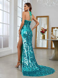 Halter Neck Split Thigh Sequin Mermaid Dress - Elonnashop