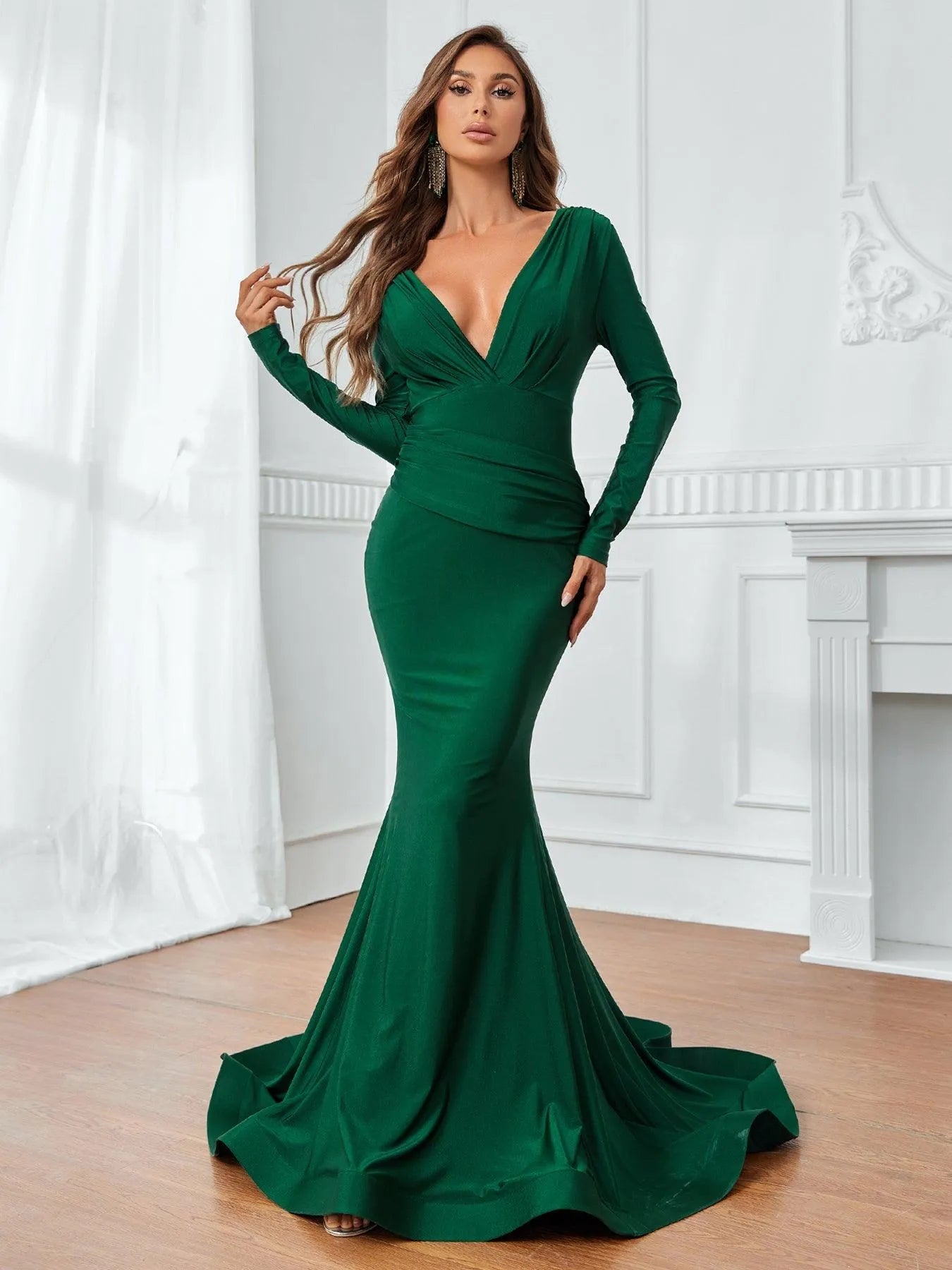 Plunging Neck Backless Mermaid Hem Formal Dress - Elonnashop