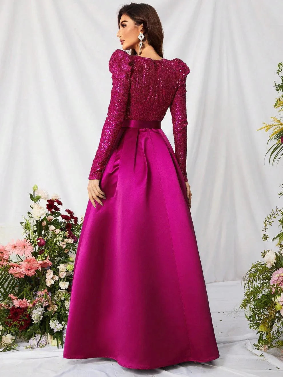 Elegant V Neck Gigot Sleeve Slit A Line Prom Dress - Elonnashop