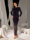 Elegant Long Sleeves Split Hem Ombre Sequin Evening Dress