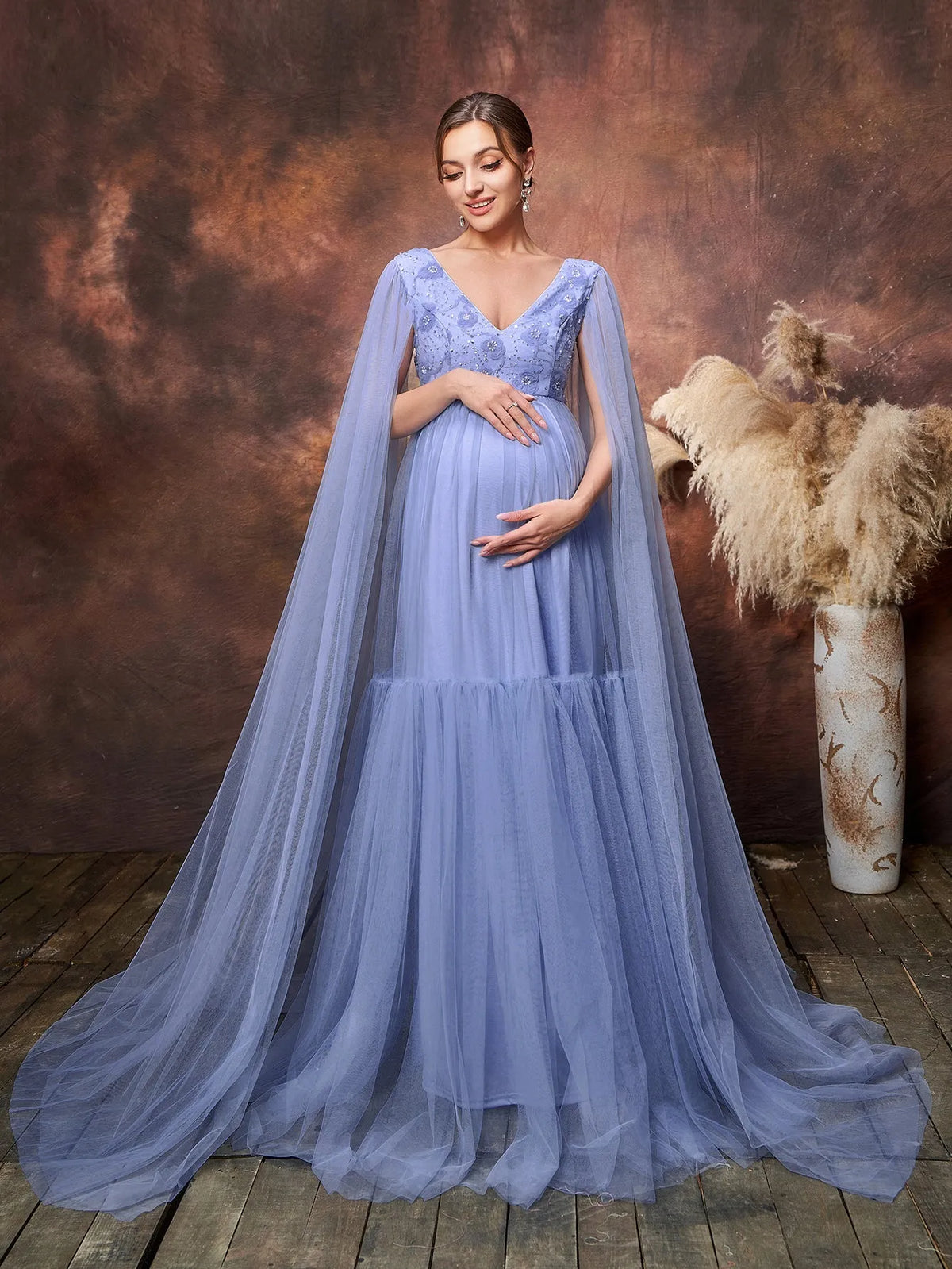 Maternity Plunging Neck Cloak Sleeves Tulle Overlay Party Dress