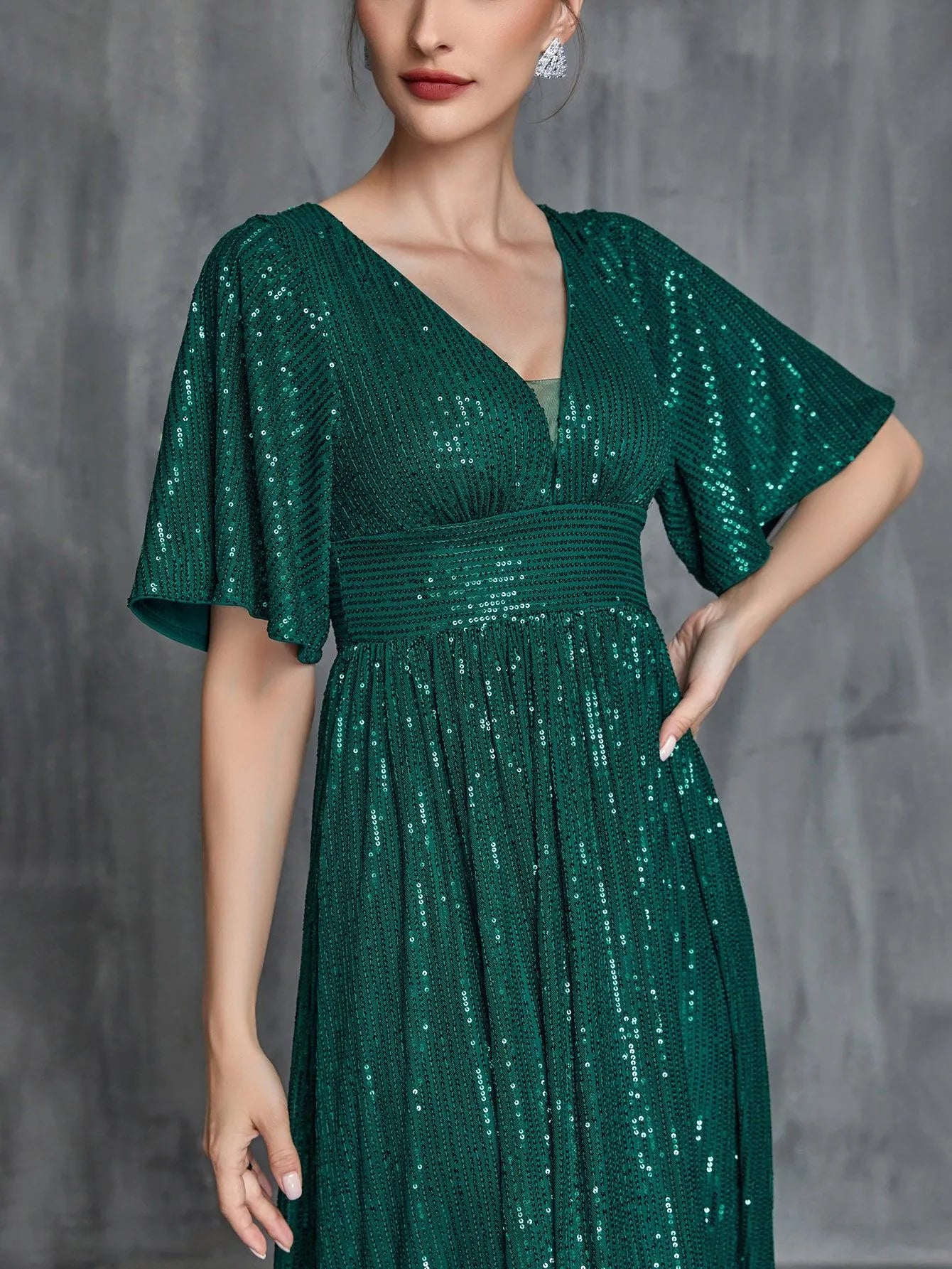 Womens' Butterfly Sleeves Sequin Formal Dress - Elonnashop