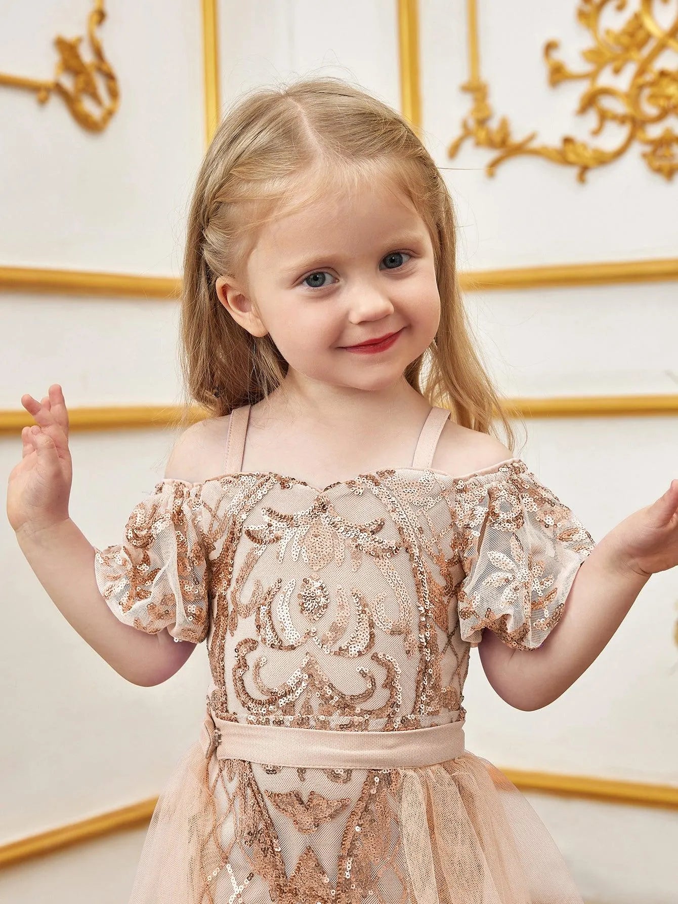 Young Girls' Sweetheart Collar Puff Sleeves Mesh Overlay Sequin Dress - Elonnashop