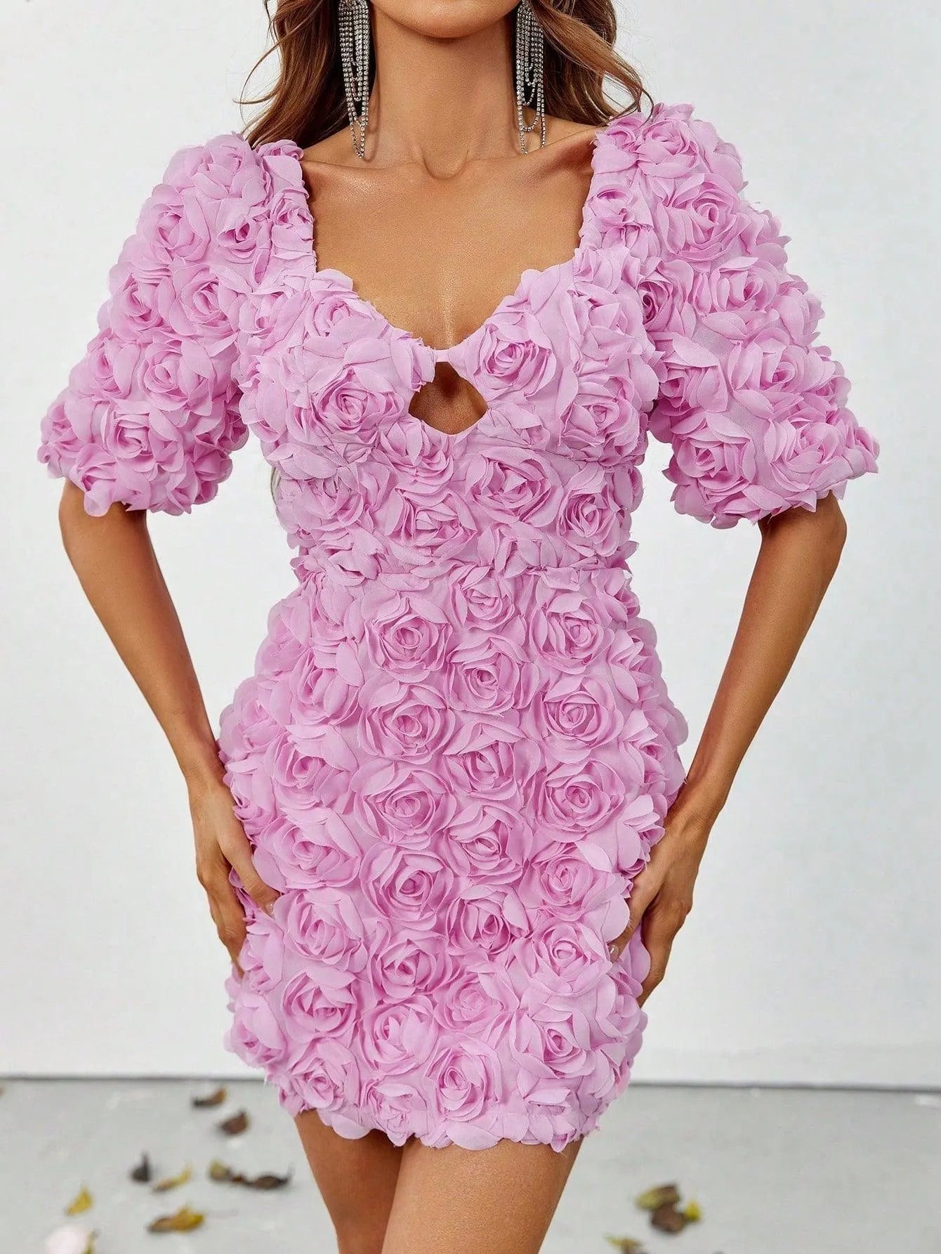 Cut Out Front Puff Sleeve 3D Flower Party Dress - Elonnashop