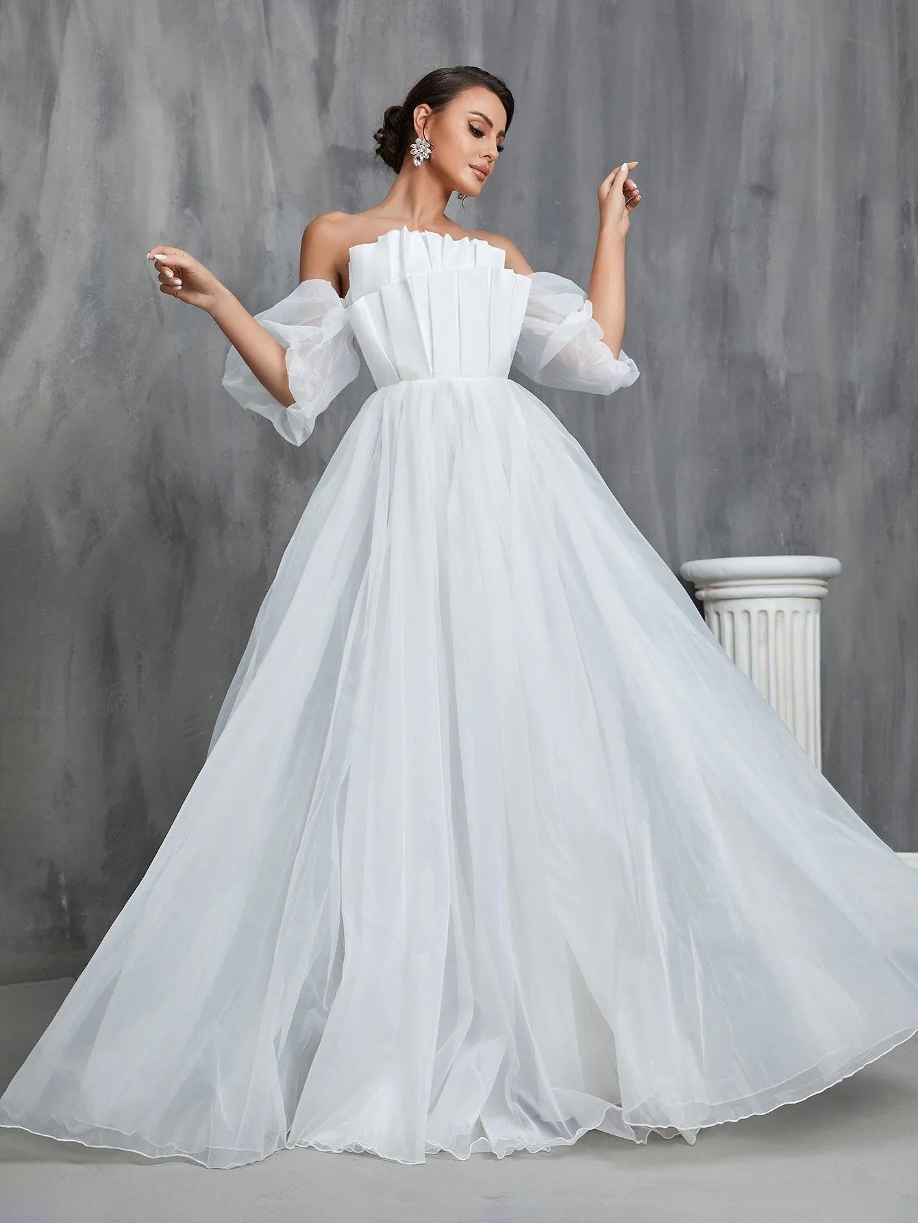 Off Shoulder Pleated Front Puff Sleeve Wedding Dresses - Elonnashop