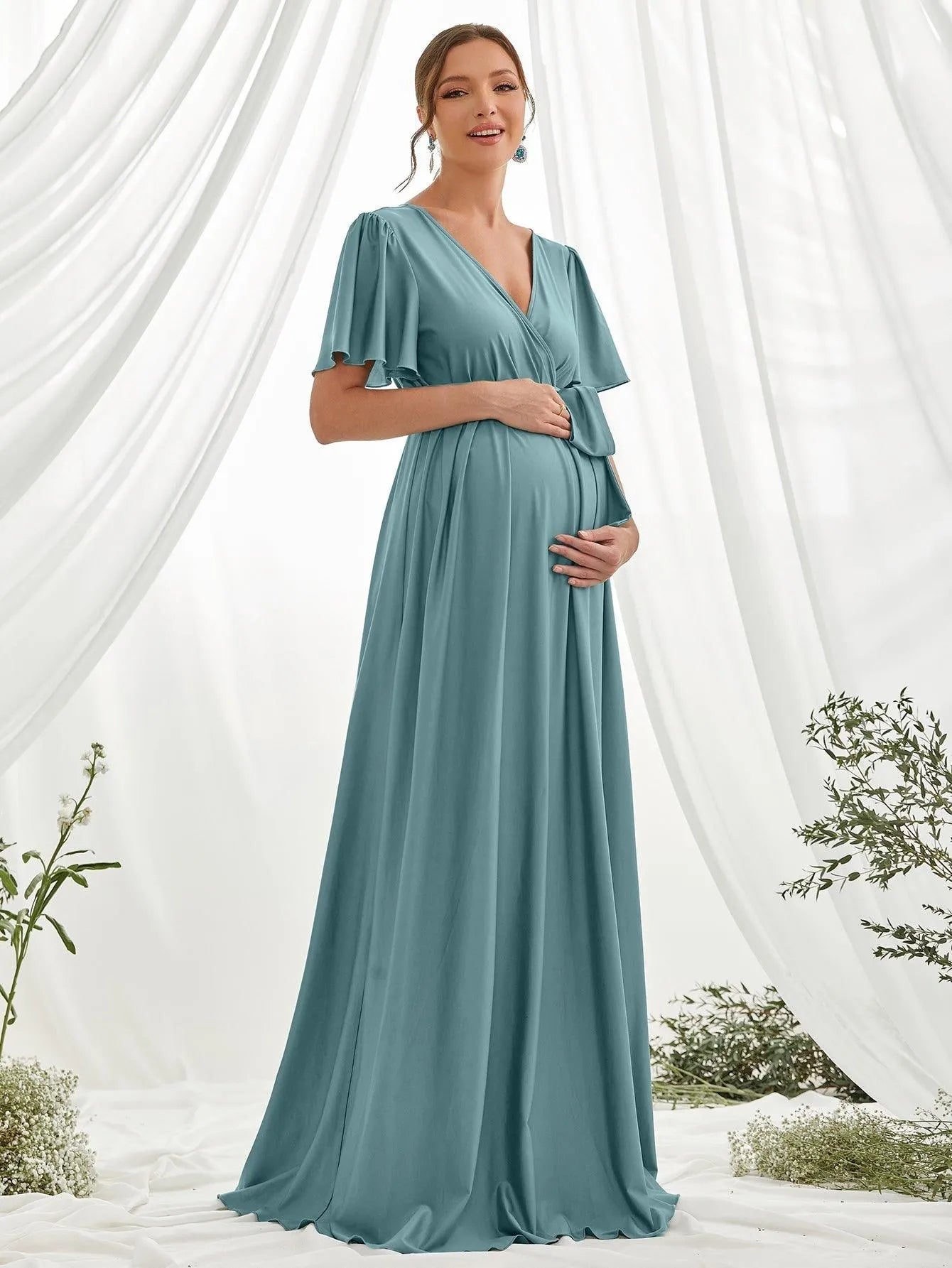 Maternity Surplice Neck Butterfly Sleeve Belted Dress - Elonnashop