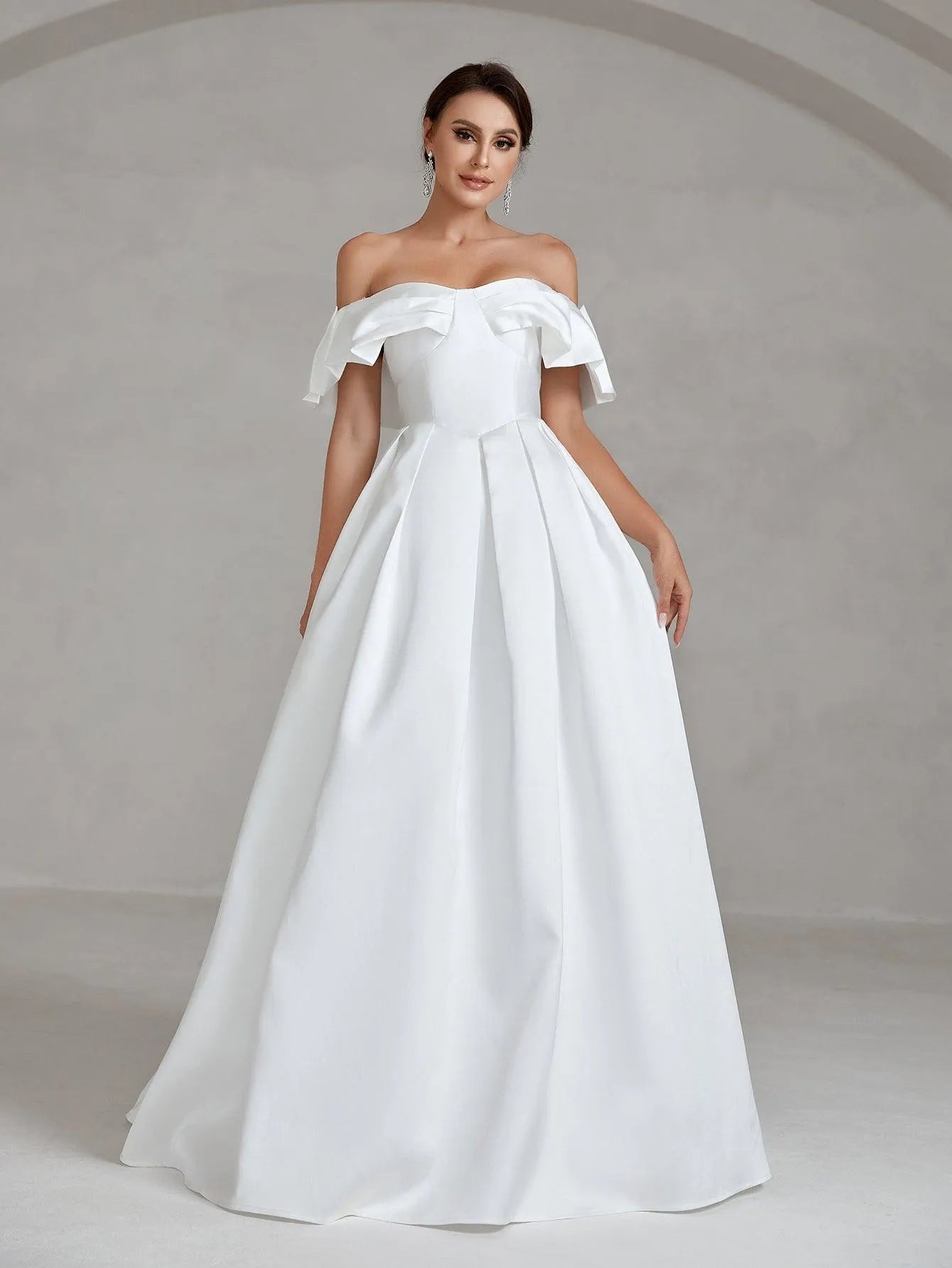 Ruffle Off Shoulder Pleated Hem Satin A Line Wedding Dress - Elonnashop