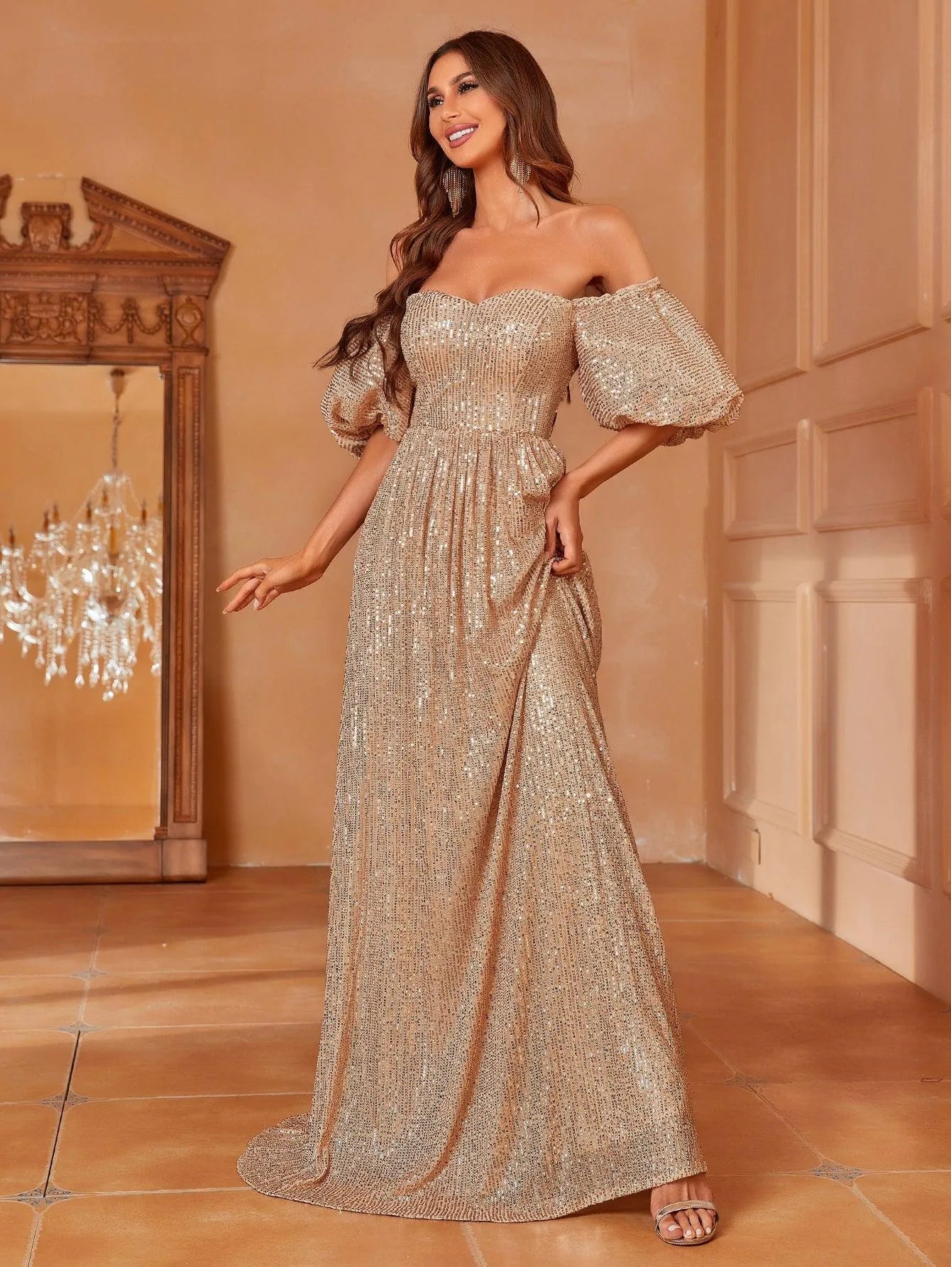 Off Shoulder Puff Sleeve Sequin Party Dresses - Elonnashop