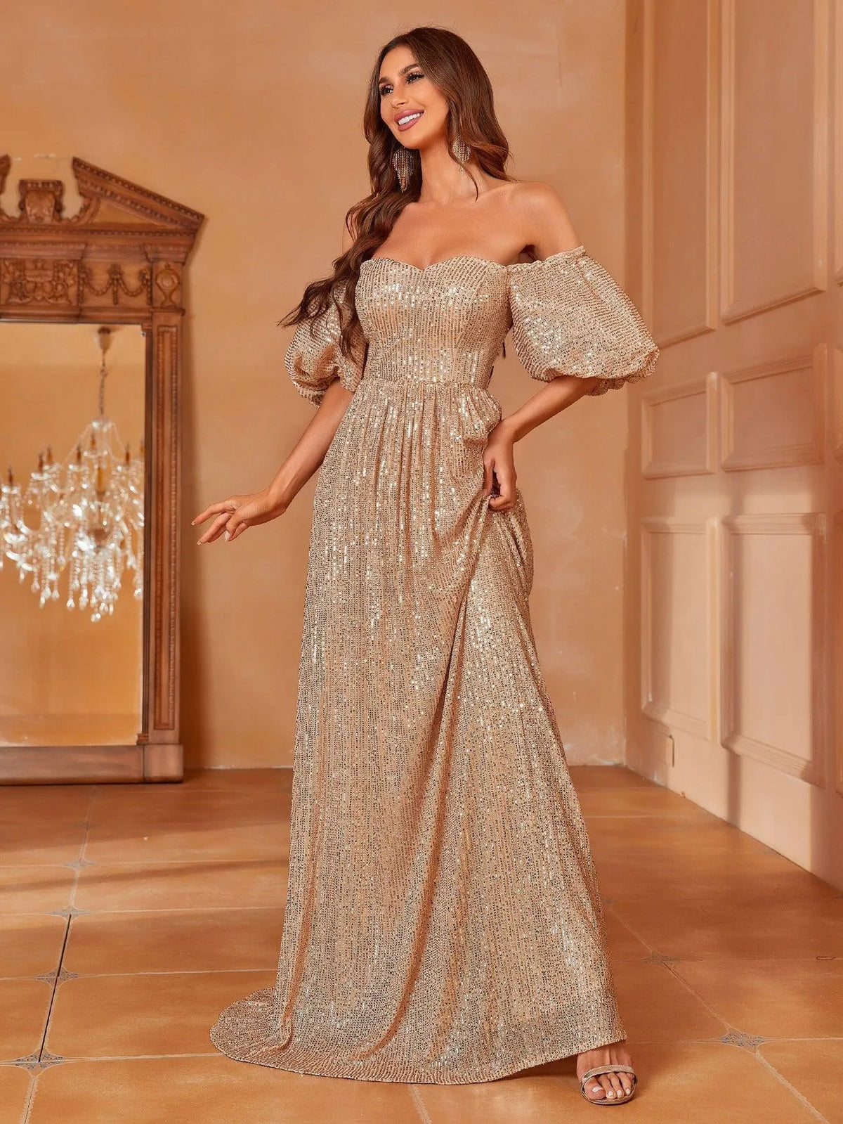 Off Shoulder Puff Sleeve Sequin Party Dresses - Elonnashop