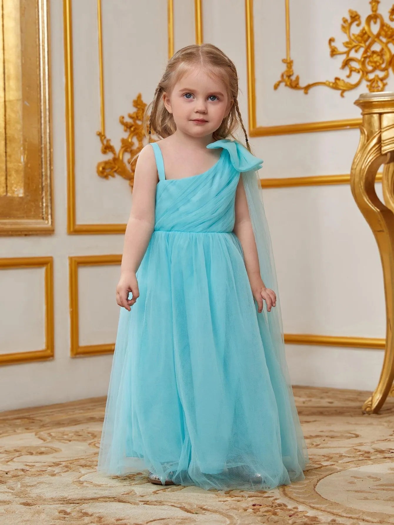 Young Girls' One Shoulder Draped Side Mesh A Line Dress With Bow - Elonnashop