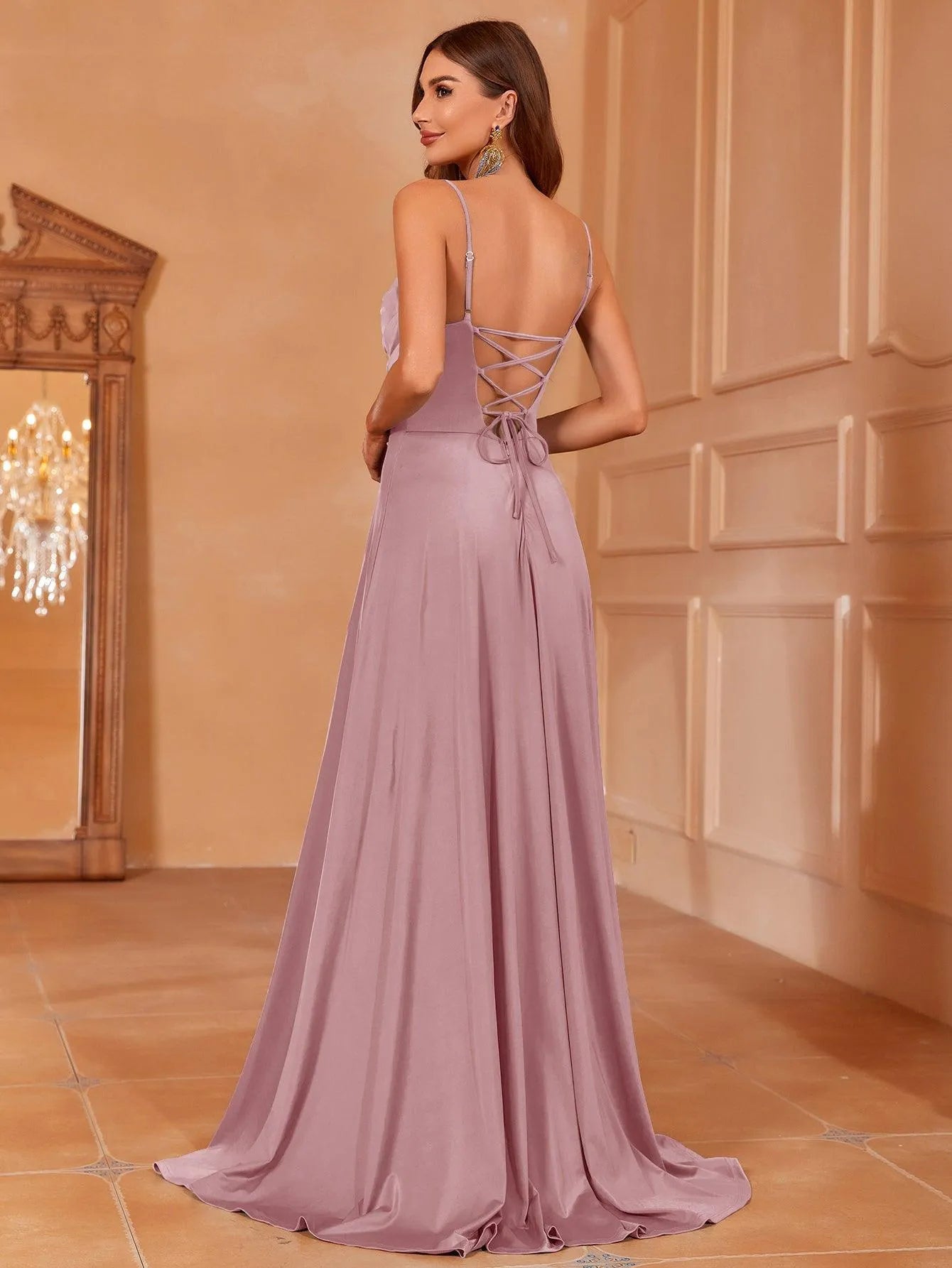 Elegant Ruched Draped Collar Cami Bridesmaid Dress - Elonnashop