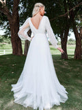 Floral Applique Bishop Sleeves Mesh Wedding Dress - Elonnashop