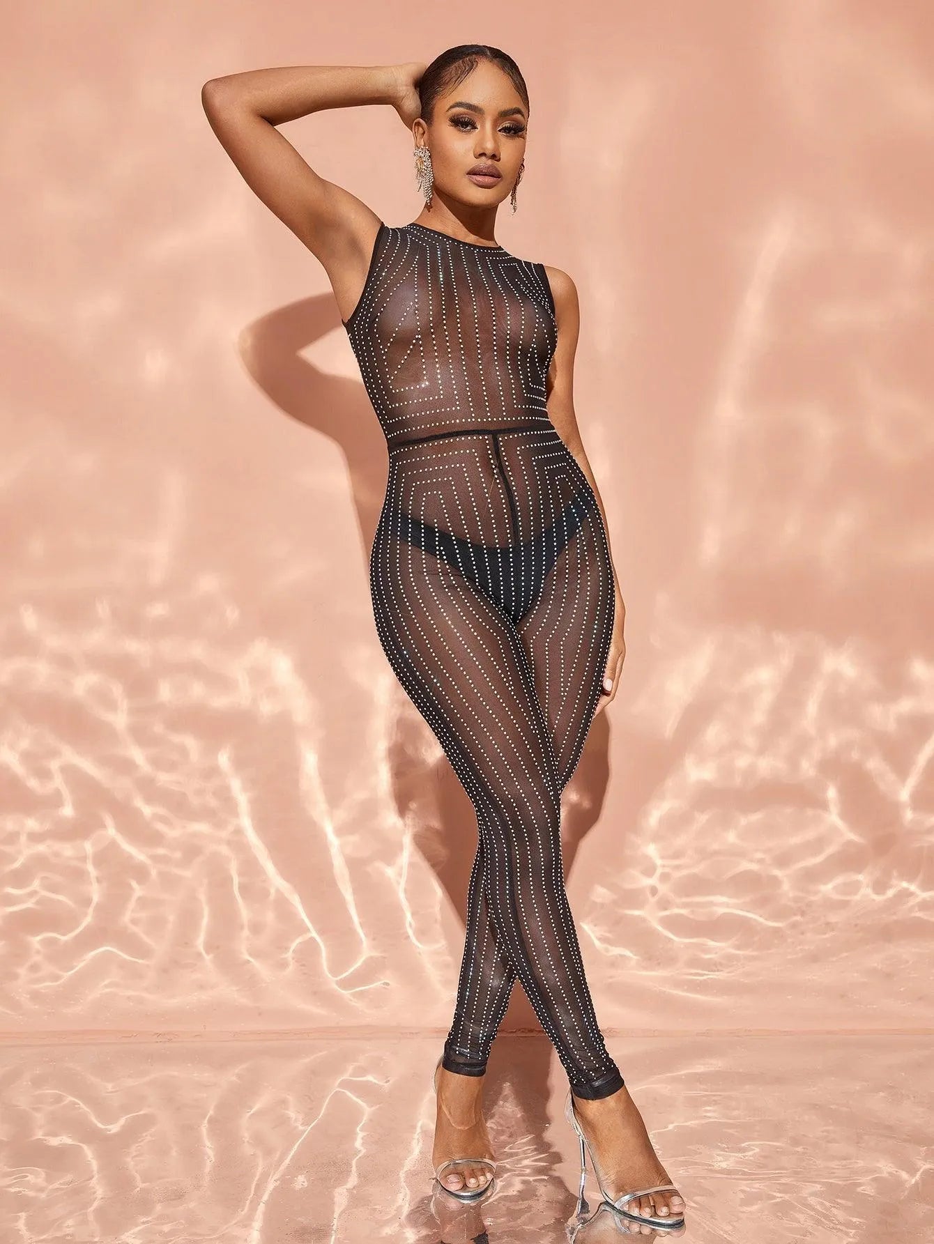 Chic Rhinestone Detail Sleeveless Sheer Mesh Jumpsuit - Elonnashop