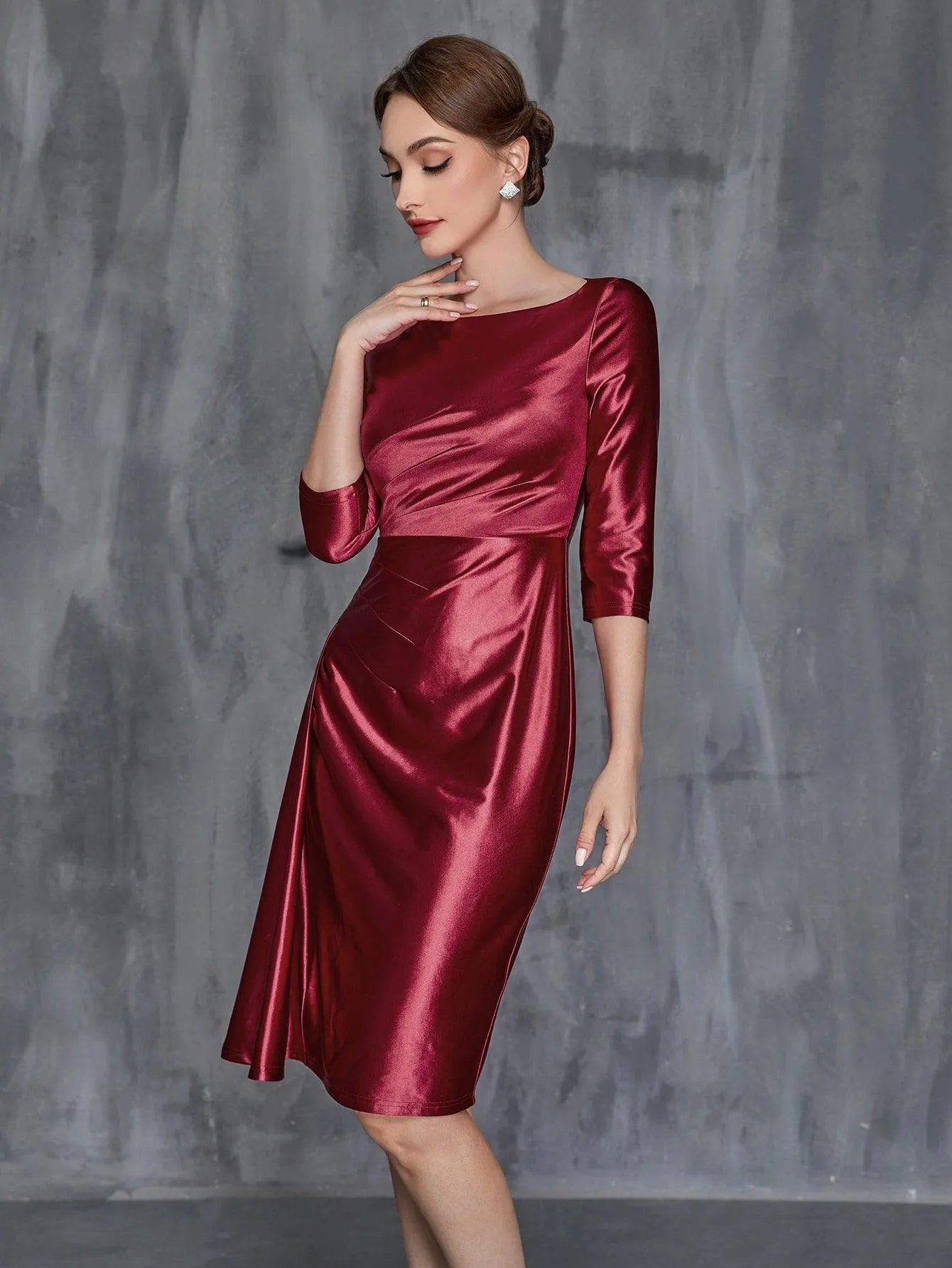 Womens' Solid Ruched Wrap Front Satin Dress - Elonnashop