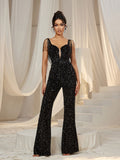 Elegant Sweetheart Neck Fringed Detail Sequin Party Jumpsuit