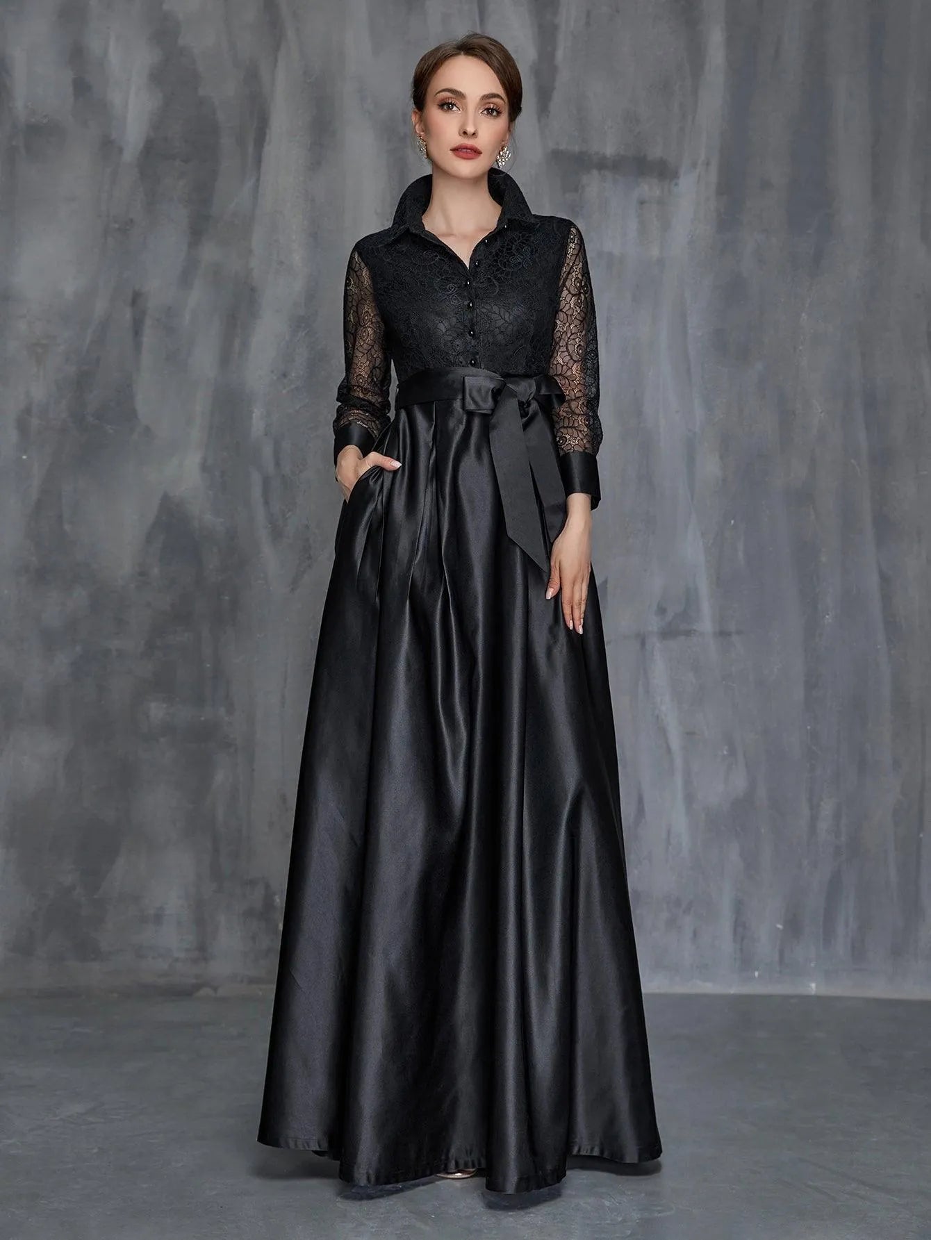 Womens' Shirt Collar Contrast Lace Satin Belted Dress - Elonnashop