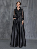 Womens' Shirt Collar Contrast Lace Satin Belted Dress - Elonnashop