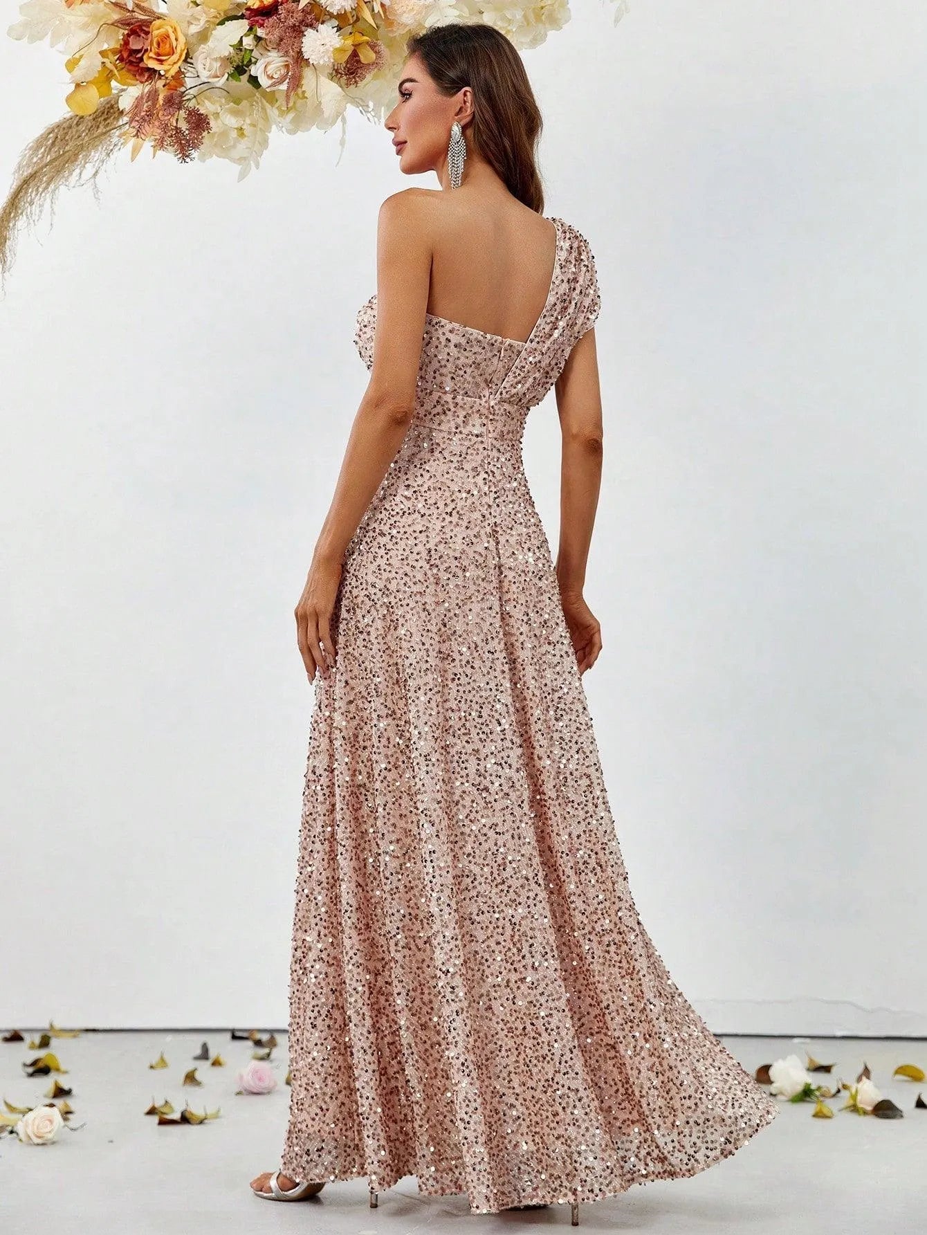 Elegant One Shoulder Sequin A Line Dresses - Elonnashop