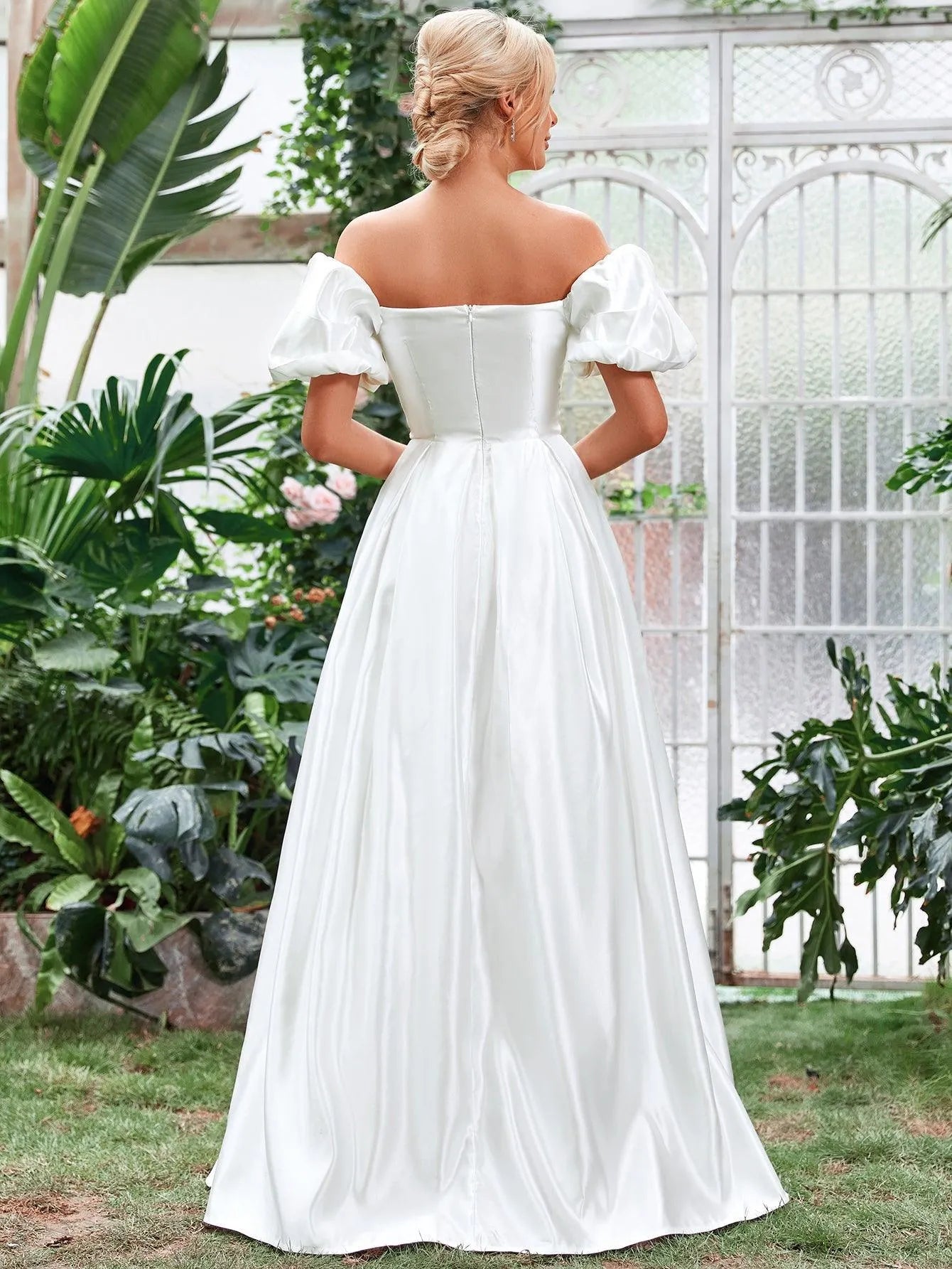 Off Shoulder Puff Sleeve Satin Wedding Dress - Elonnashop