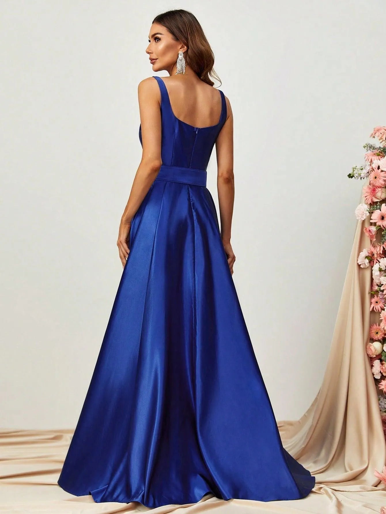 Square Collar Sleeveless Belt Satin Prom Dress - Elonnashop