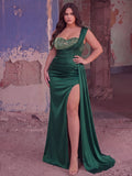 Plus Asymmetrical Neck Split Thigh Satin Mermaid Dress Evening Dress