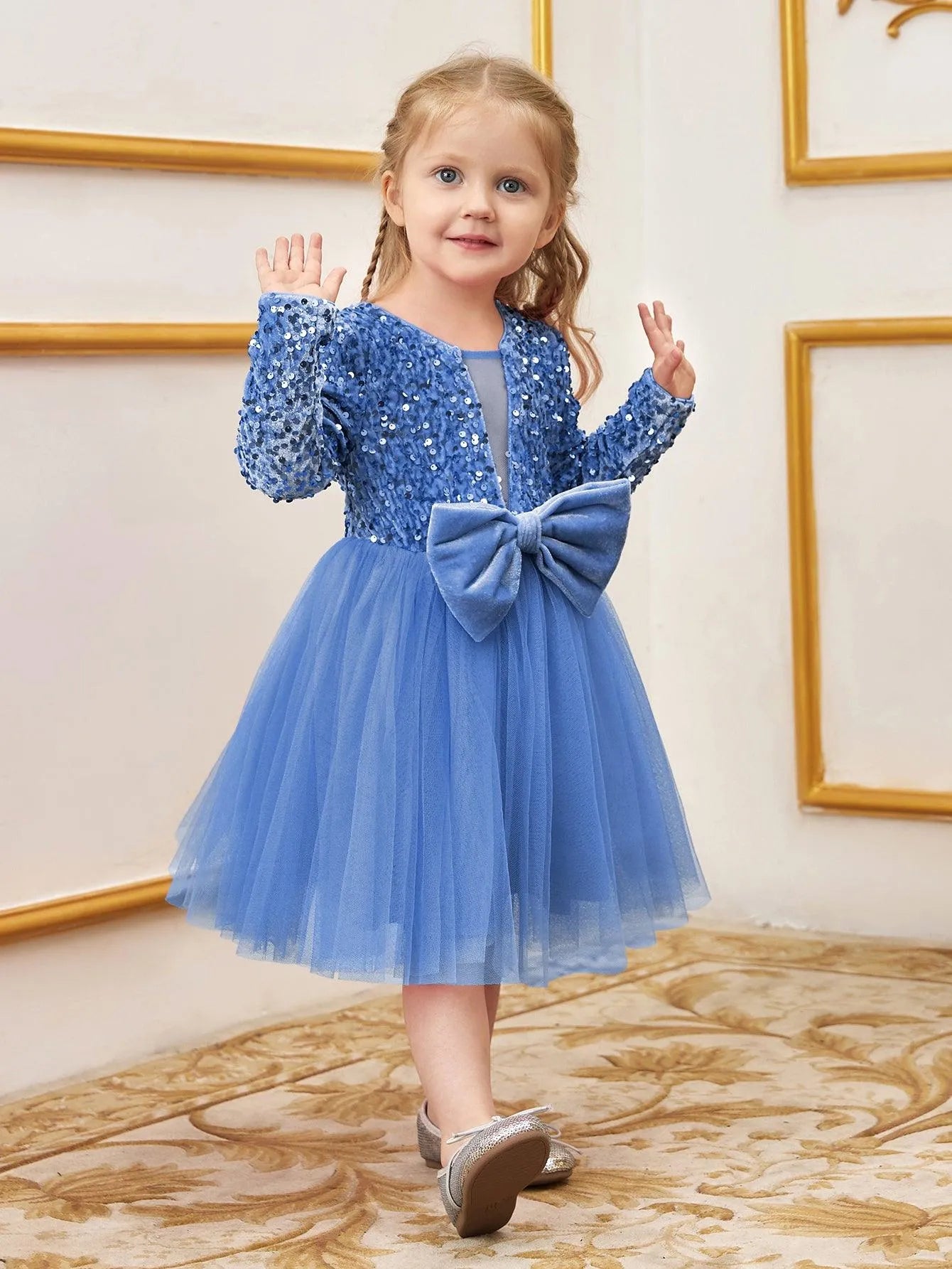 Young Girls' Cute Bow Front Long Sleeve Party Dress - Elonnashop