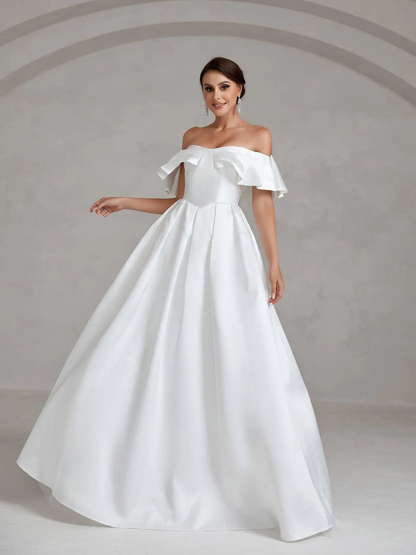 Ruffle Off Shoulder Pleated Hem Satin A Line Wedding Dress - Elonnashop