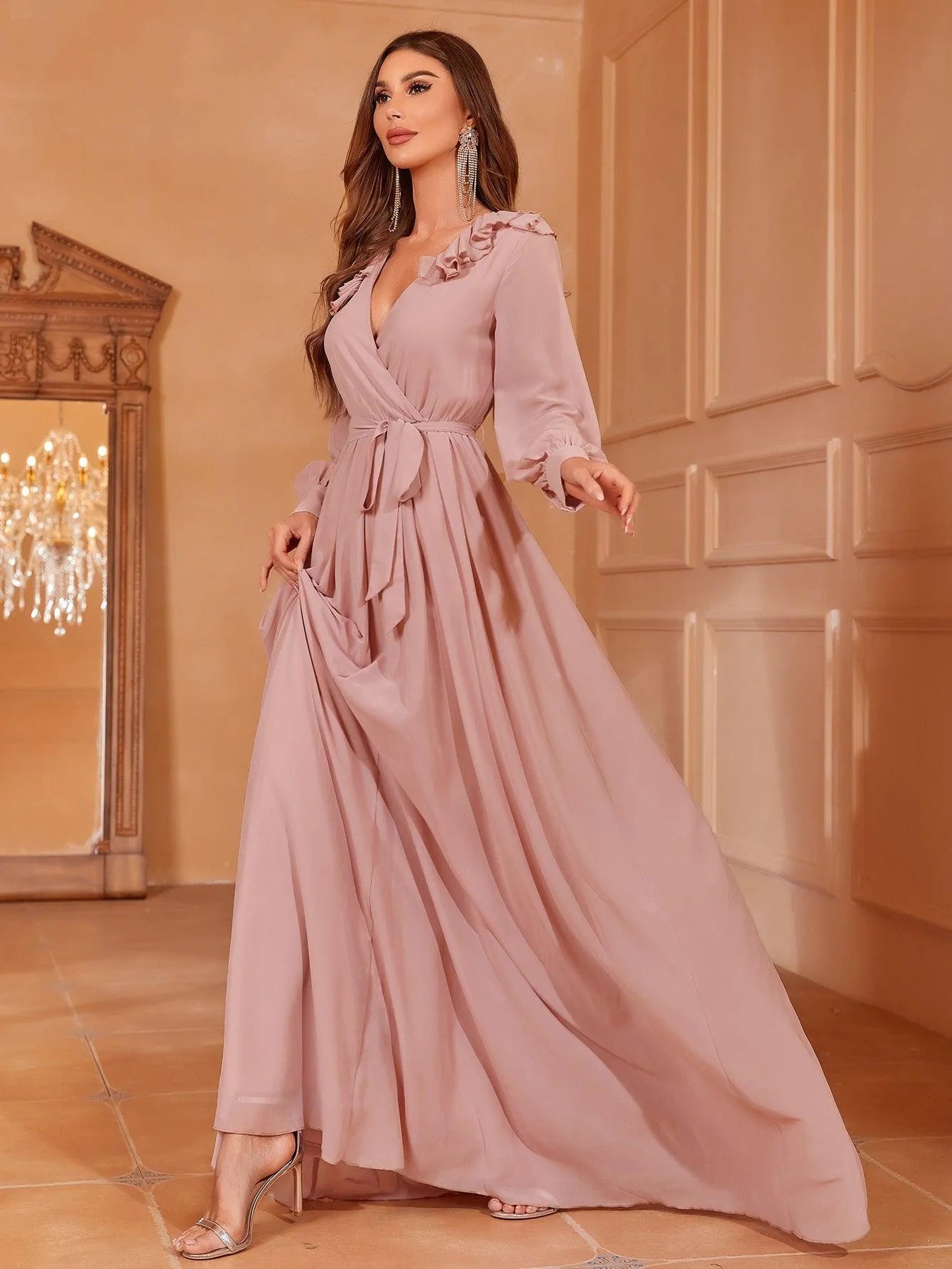 Solid Bishop Sleeves Chiffon Belted Dress - Elonnashop