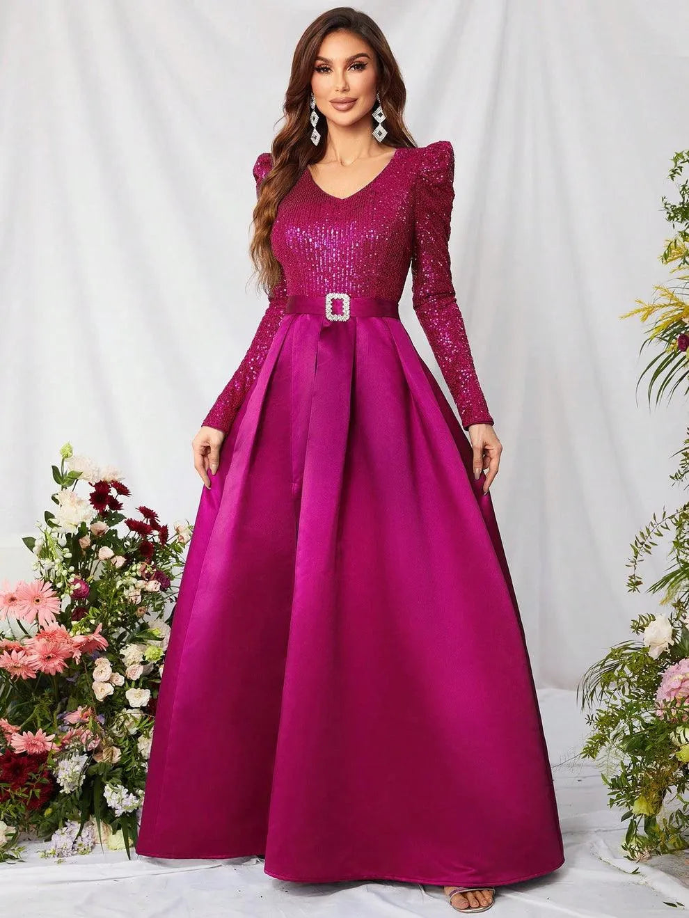 Elegant V Neck Gigot Sleeve Slit A Line Prom Dress - Elonnashop