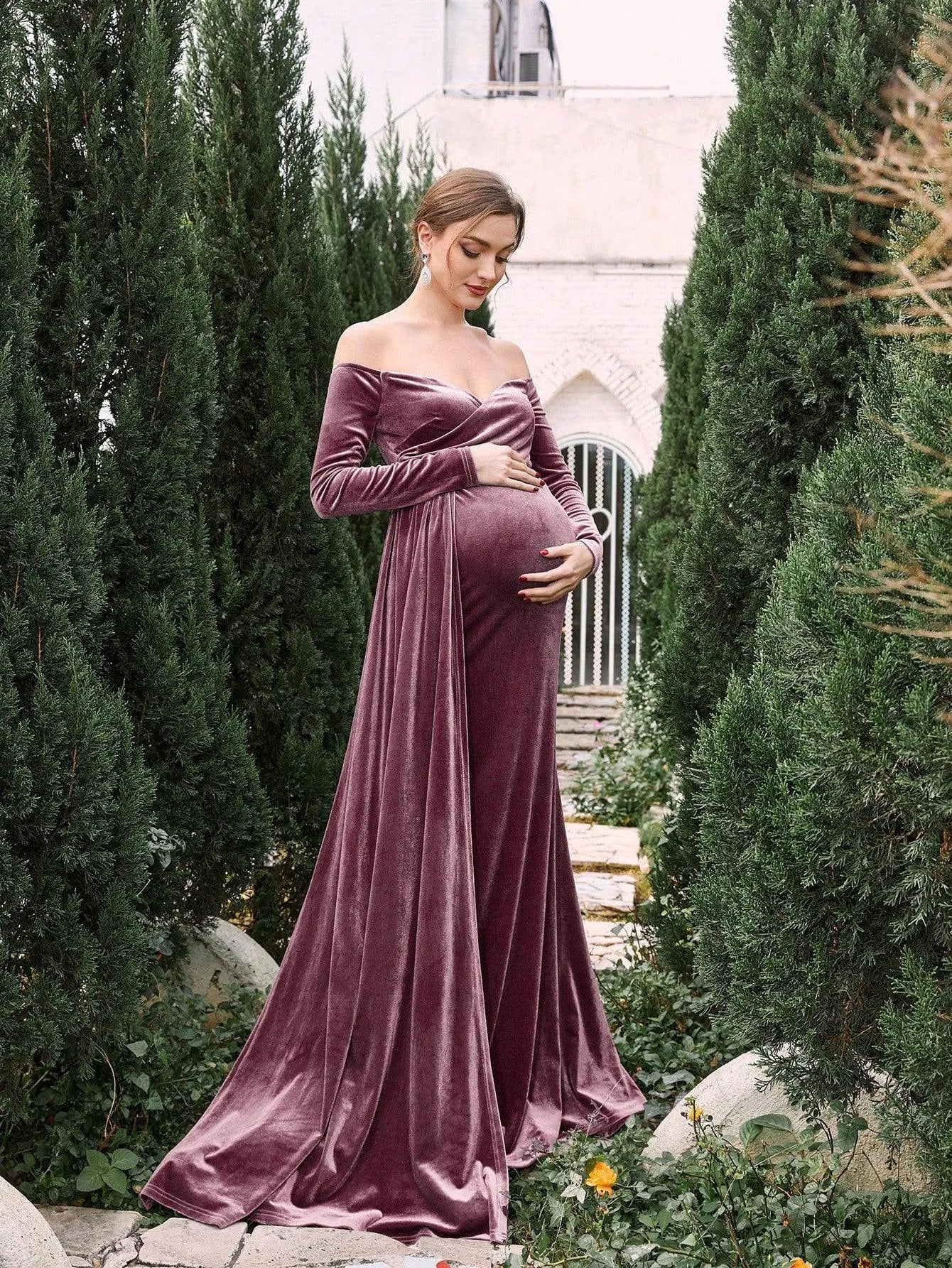 Maternity Off Shoulder Velvet Mermaid Prom Dress - Elonnashop