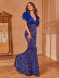 Plunging Neck Butterfly Sleeve Sequin Formal Dress - Elonnashop