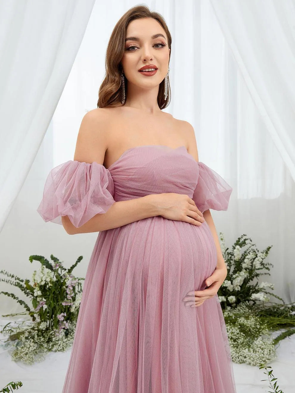 Maternity Off Shoulder Puff Sleeve Mesh Overlay Dress - Elonnashop