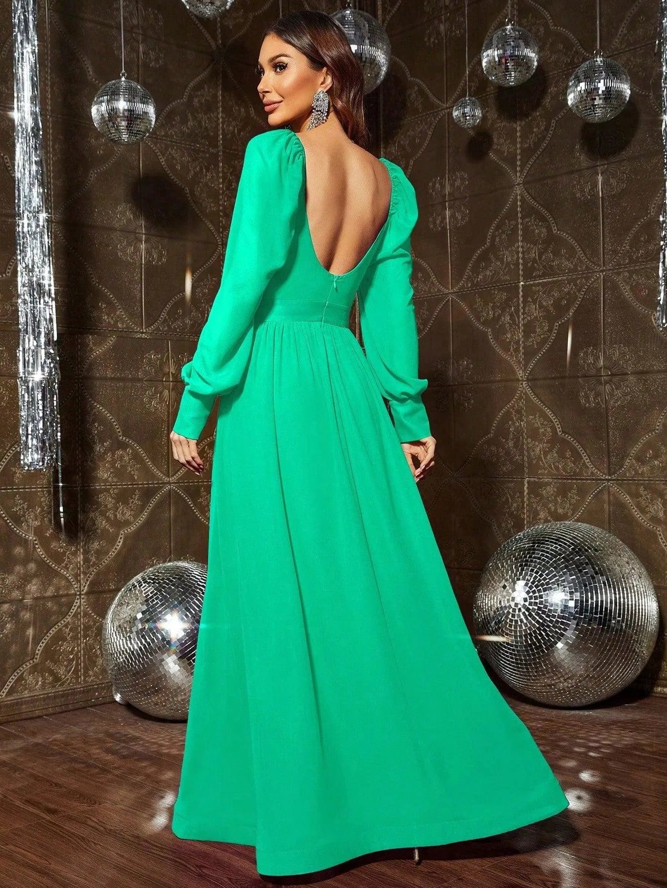 Sweetheart Neckline Backless Long Sleeve Chiffon A line Dress - Elonnashop