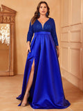 Plus Deep V Neck 3/4 Sleeve Slit A Line Prom Dress - Elonnashop