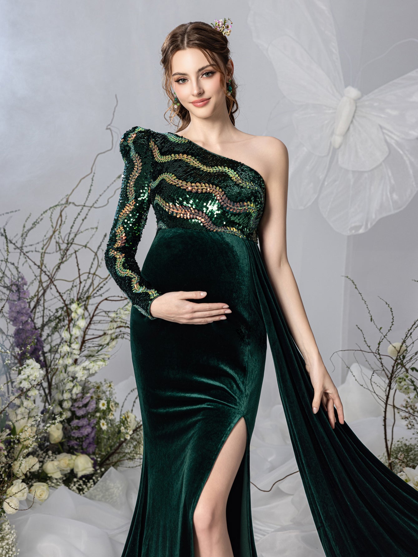 Maternity One Shoulder Split Mermaid Hem Contrast Sequin Velvet Evening Dress