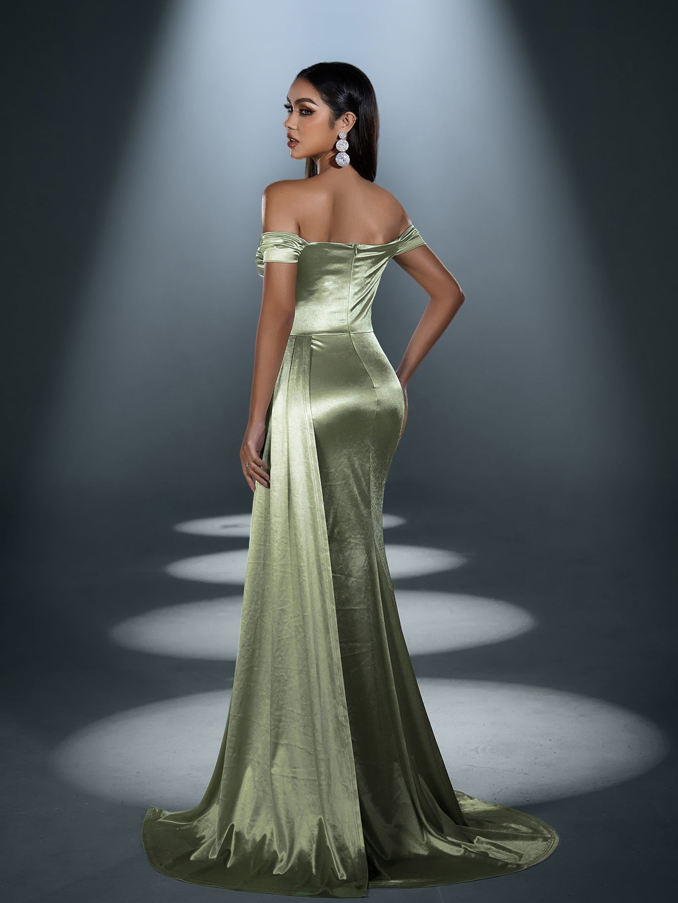 Elegant Satin Off-Shoulder Mermaid Gown | Sculpted Ruching & High Thigh Slit