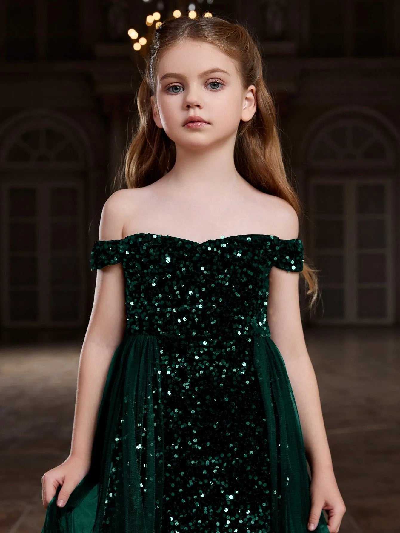 Tween Girls' Off Shoulder Mesh Overlay Sequined Prom Dress - Elonnashop