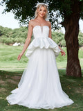 Ruffle Trim Mesh Overlay Satin Tube Wedding Dress - Elonnashop