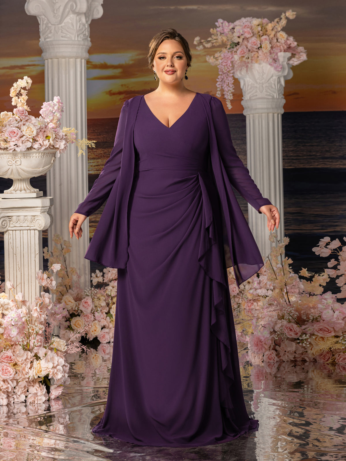 Plus Womens' Fake Two-Piece Evening Gown: V-Neck Long Sleeve Formal Dress for Mother of the Bride